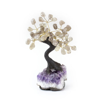 Medium smoky quartz crystal bonsai tree with polished stones wired to amethyst base.